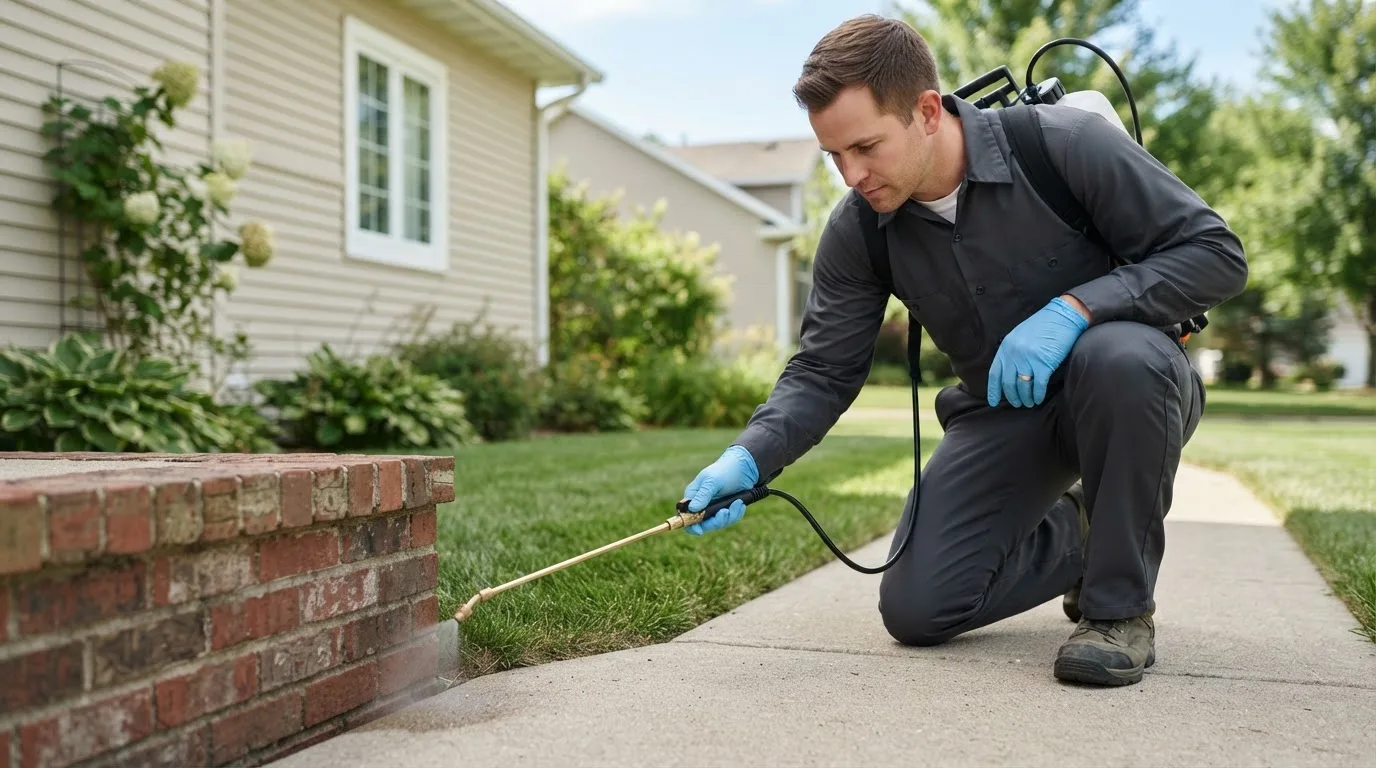 Pest control technician treating a home near Lester, IA