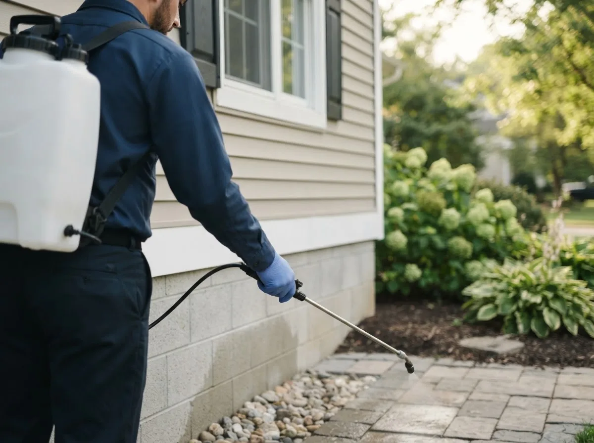 Pest control technician inspecting a home in Lester, IA